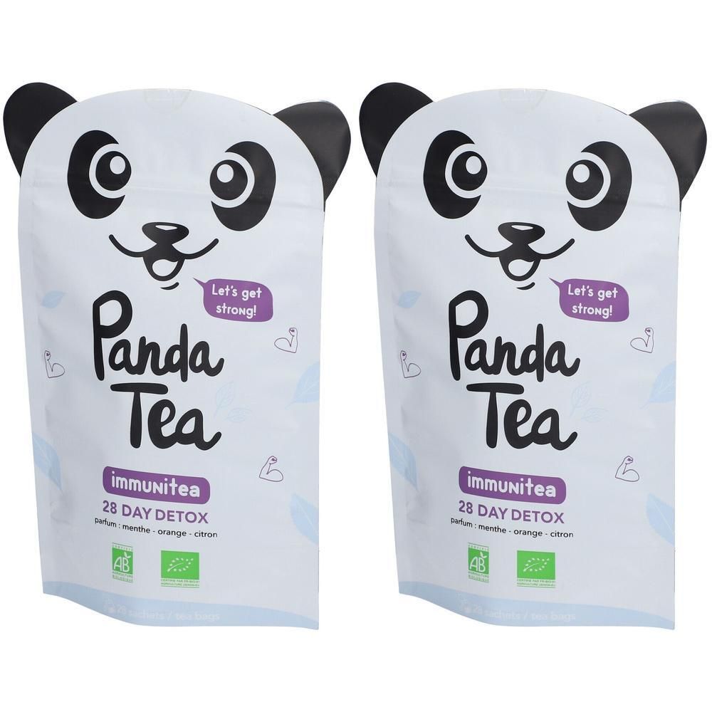 Twee pakken Panda Tea Immunitea, 28 dagen Detox. De verpakking toont een panda gezicht.