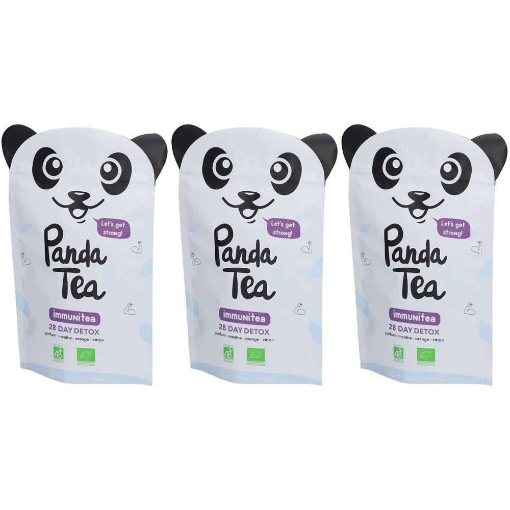 Drie pakken Panda Tea Immunitea 28 dagen Detox met panda-gezicht ontwerp.