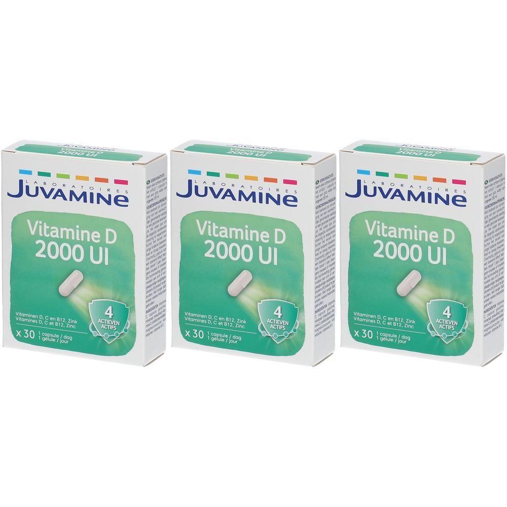 Drie doosjes Juvamine Vitamine D 2000 UI met elk 30 capsules.