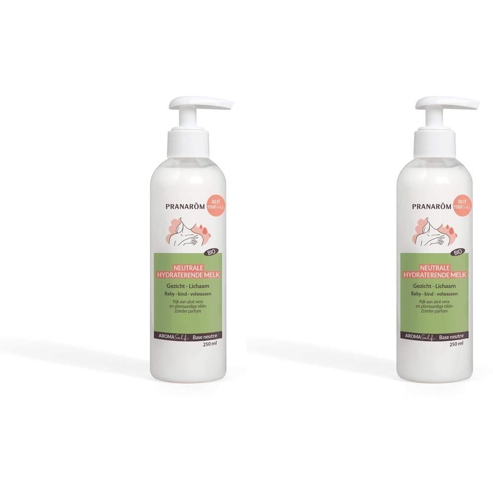 Deux flacons pompe blancs de Lait Hydratant Neutre Bio Pranarôm pour le visage et le corps, bébé et enfant.
