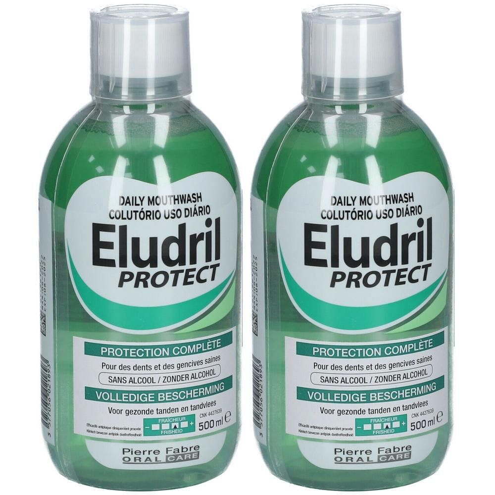 Twee flessen Eludril Protect mondwater, 500ml.
