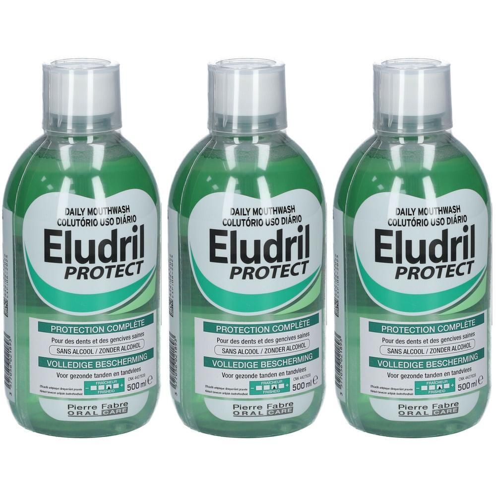 Drie flessen Eludril Protect mondwater, 500ml.