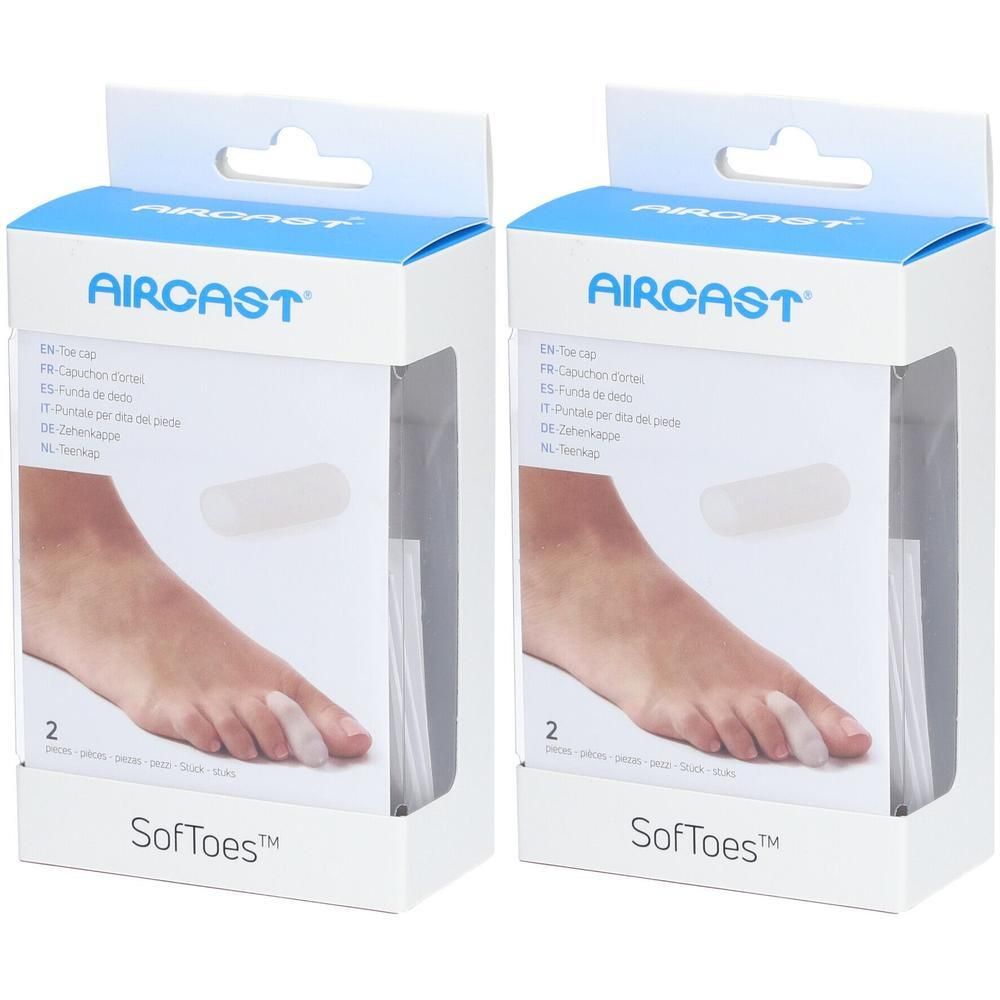 Twee verpakkingen AirCast Softoes. Elke verpakking bevat twee teenkapjes.