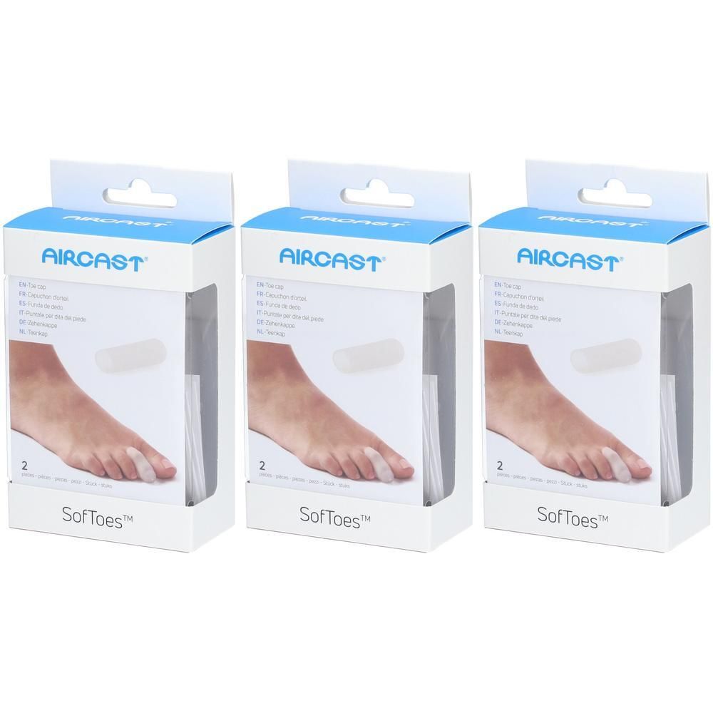 Trois paquets de protège-doigts Aircast Softoes. Chaque paquet montre un pied avec des protège-doigts.