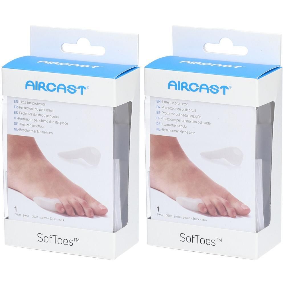 Twee verpakkingen Aircast Softoes, transparante gelbeschermers voor de kleine teen.