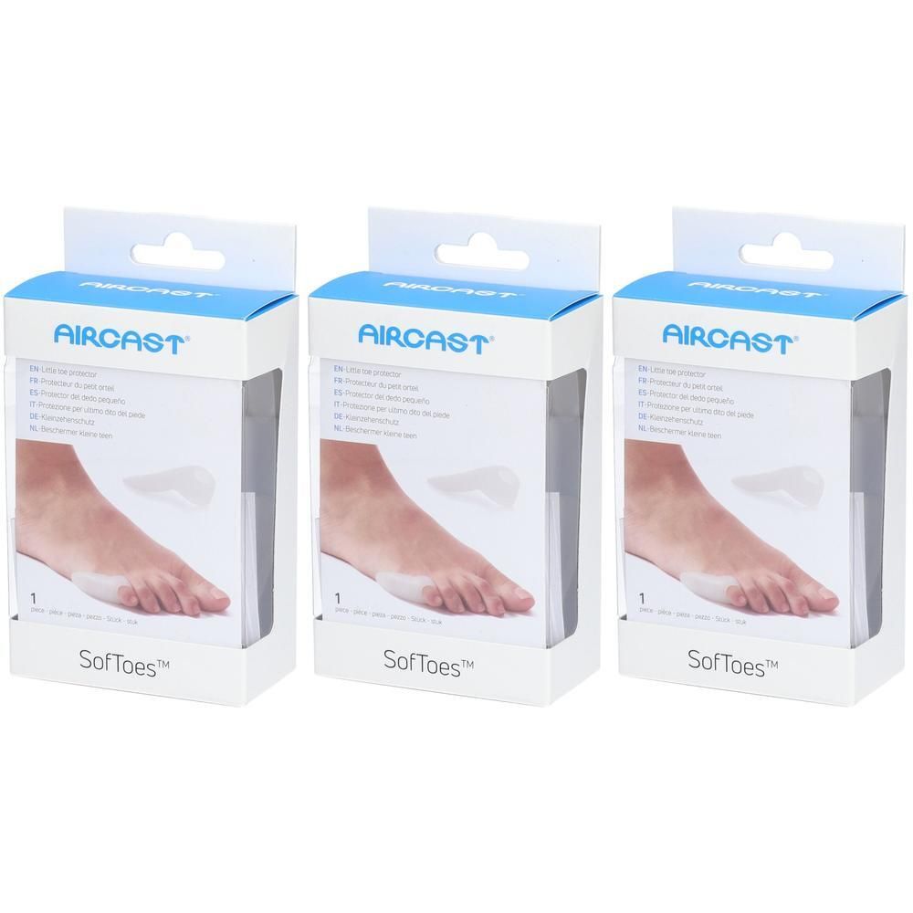 Trois paquets de protège-doigts Aircast Softoes. Chaque paquet montre un pied avec un protège-doigt.