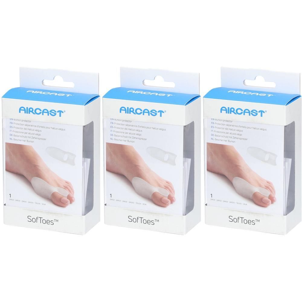 Drie verpakkingen Aircast Softoes Bunion Protector met afbeeldingen van een voet met teenbeschermers.