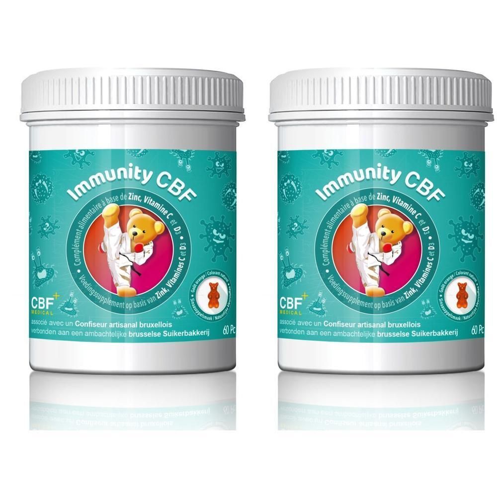 Twee potten Immunity CBF, voedingssupplement in de vorm van beertjes verrijkt met zink en vitamine C.