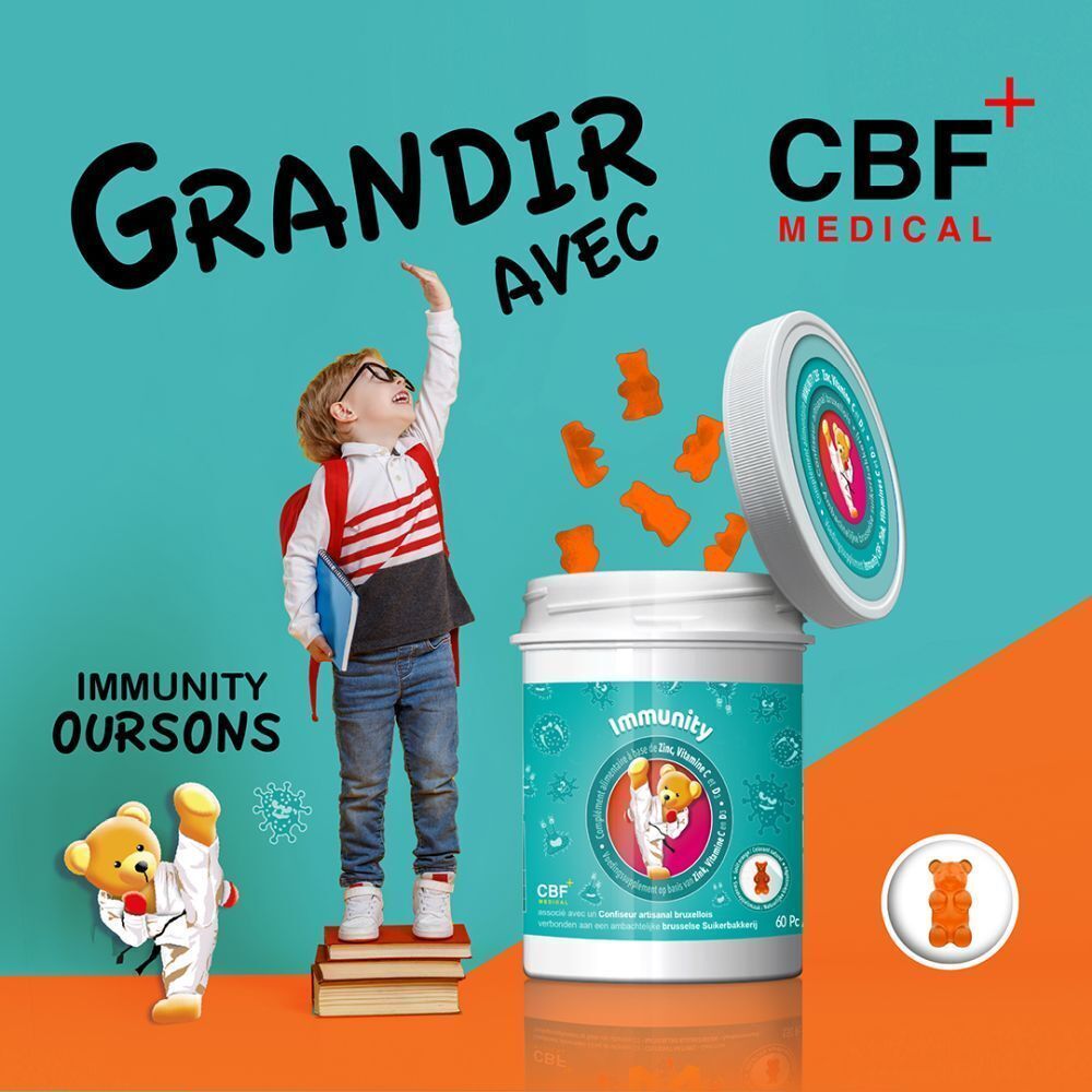 Un enfant près d'un pot d'Immunity CBF, complément alimentaire oursons, avec des oursons tombant du pot.