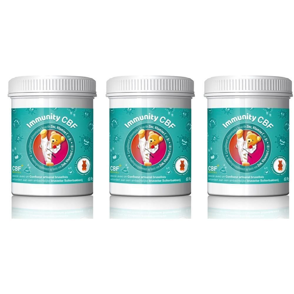 Drie potjes van het voedingssupplement Immunity CBF met een beer in de illustratie.