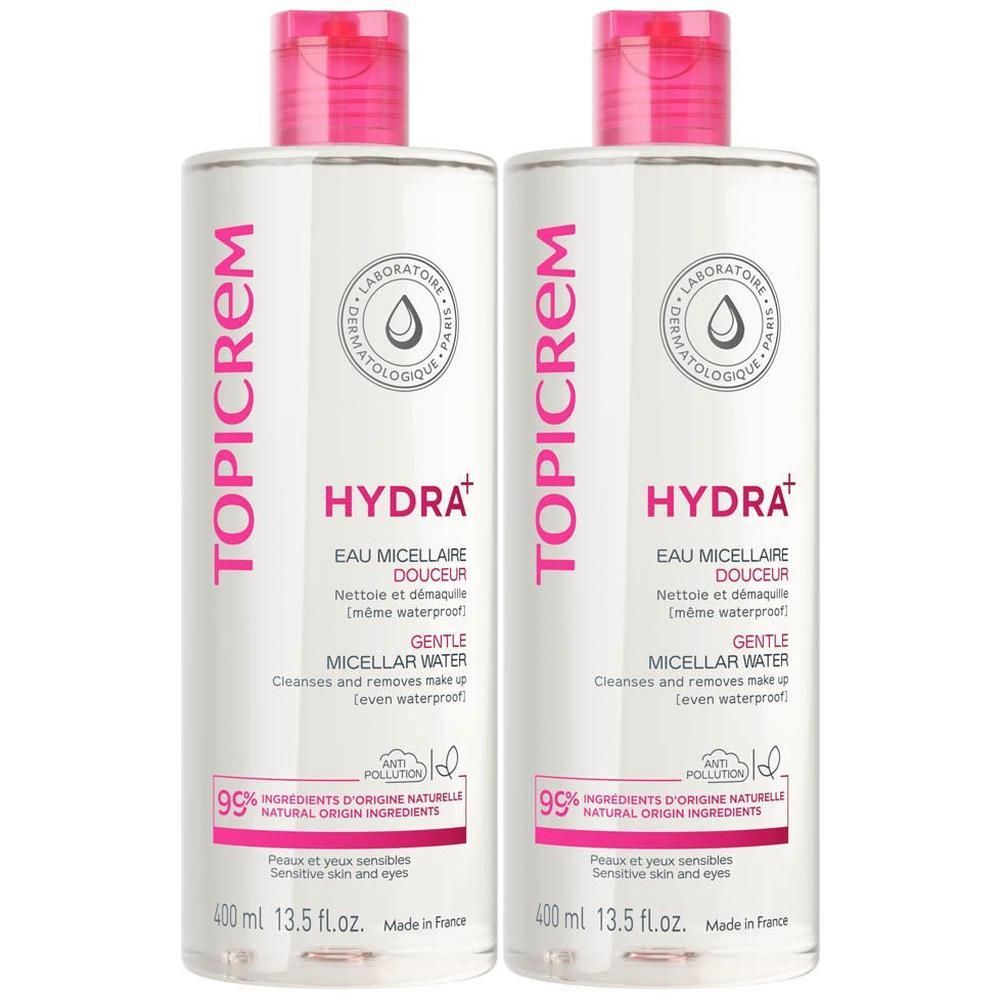 Twee flessen Topicrem Hydra+ Eau Micellaire Douceur, 400 ml. Voor gevoelige huid en ogen.