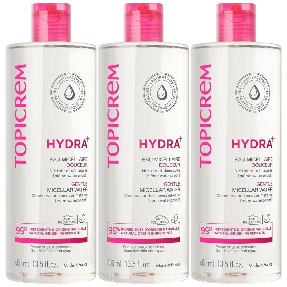 Drie flacons Topicrem Hydra+ Eau Micellaire Douceur, 400 ml.