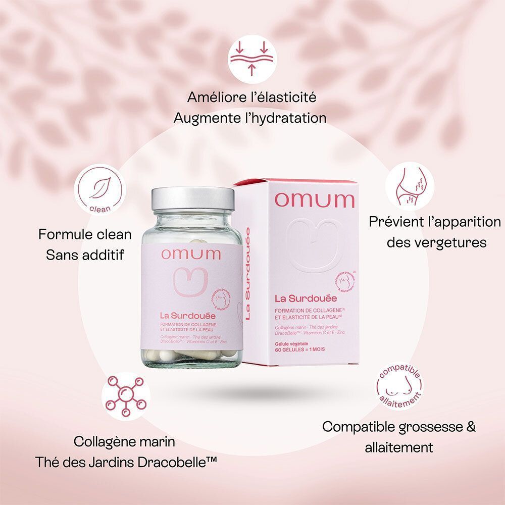 Gélules de collagène Omum La Surdouée et emballage avec icônes pour l'élasticité et la pureté de la peau.