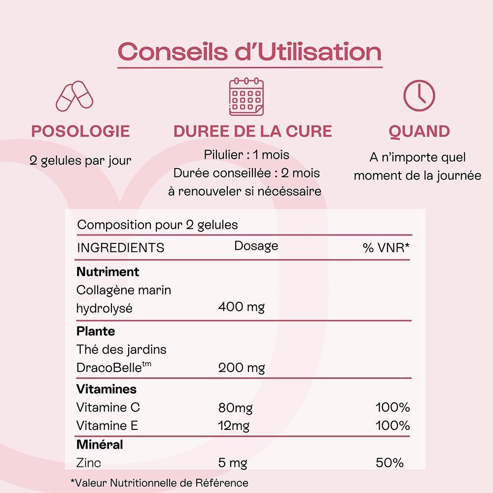 Omum La Surdouée: Posologie, durée de cure et ingrédients tels que collagène, Dracobelle, vitamines C, E et zinc.