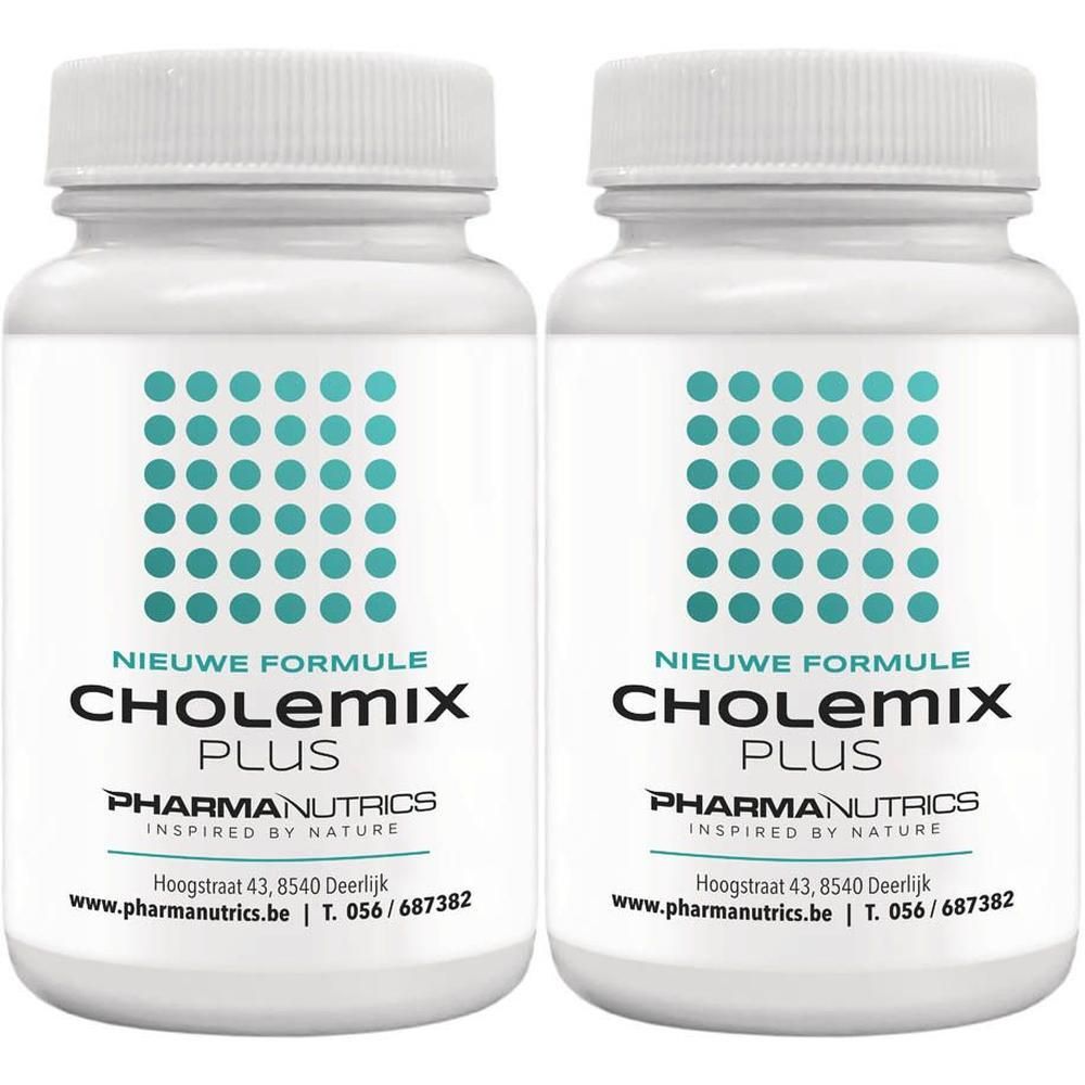 Deux flacons blancs avec étiquettes PharmaNutrics Cholemix Plus et points turquoise.