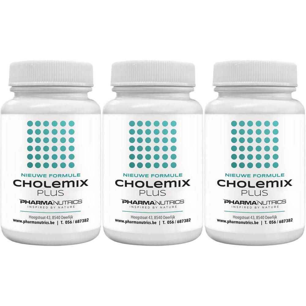 Trois flacons blancs avec étiquettes PharmaNutrics Cholemix Plus et points turquoise.