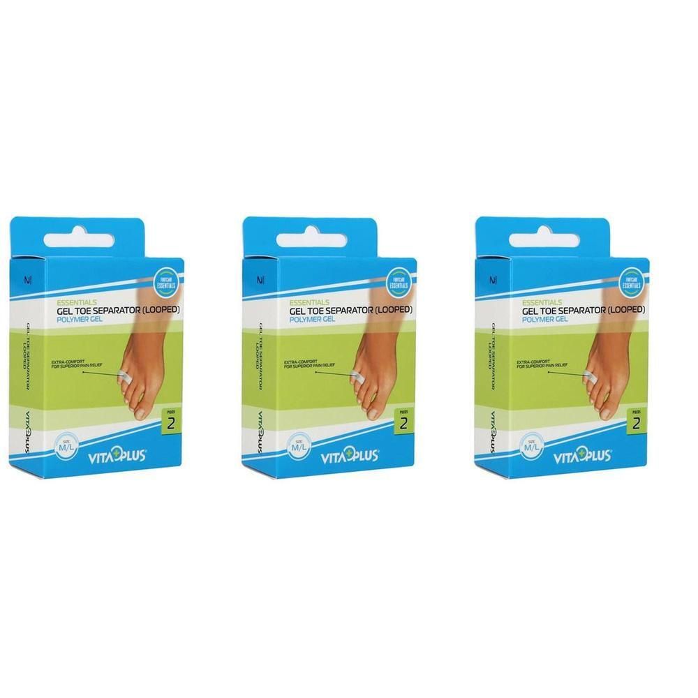 Drie verpakkingen Vitaplus Gel teenverdelers. Voetafbeelding met een teenversteller.