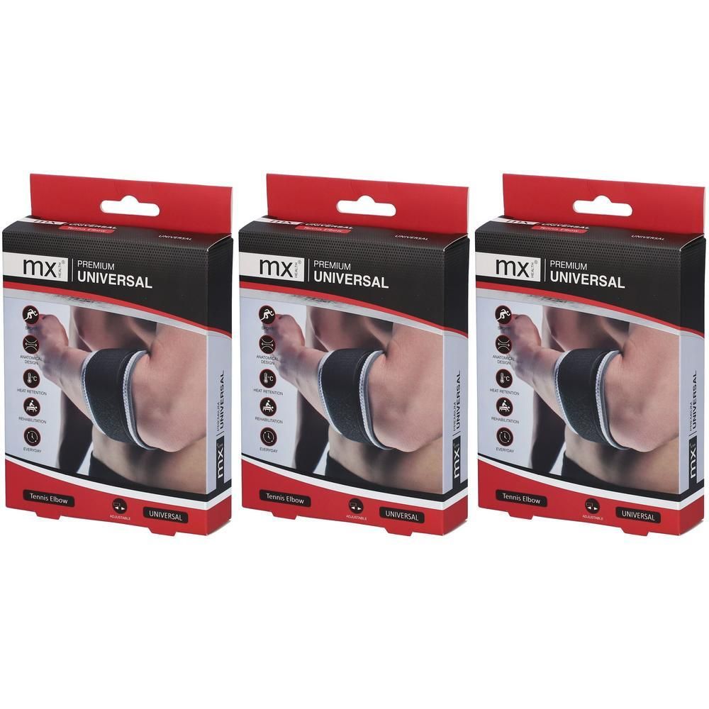 Drie dozen met MX Premium Universele Elleboogbandages. Elke doos toont een armbrace.