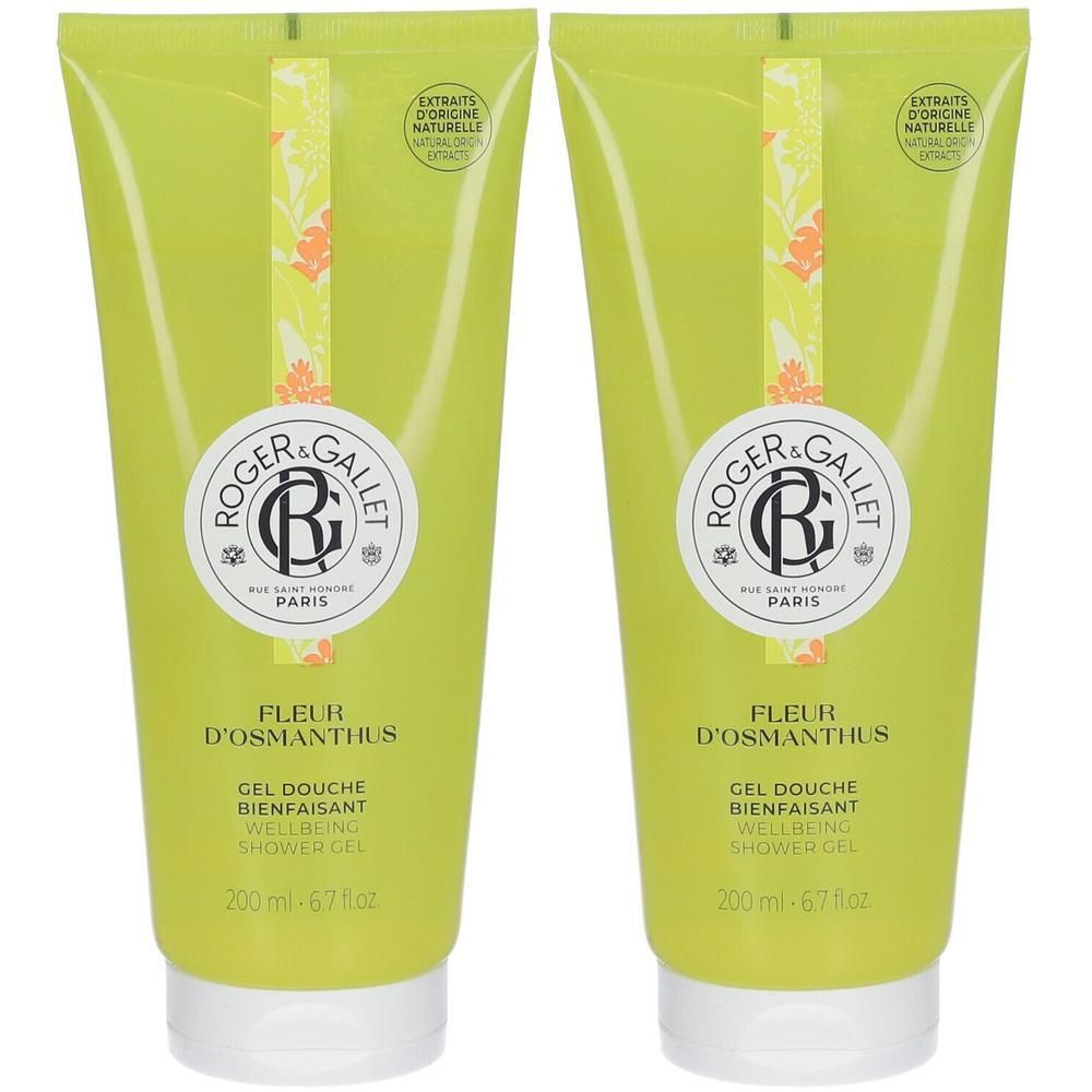 Deux tubes verts de gel douche Roger & Gallet Fleur d'Osmanthus, 200 ml chacun.