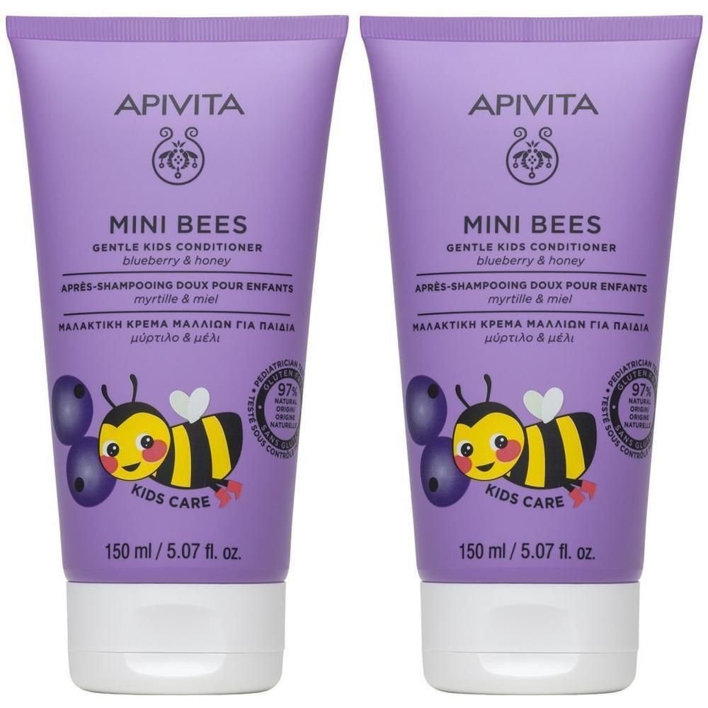 Twee tubes Apivita Mini Bees kinderconditioner met bosbes en honing.