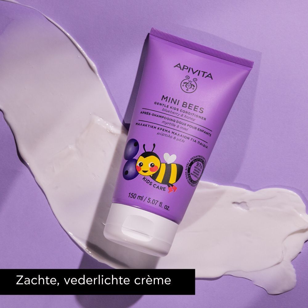 Apivita Mini Bees kinderverzorgingslijn: shampoo, conditioner en ontwarrende spray.
