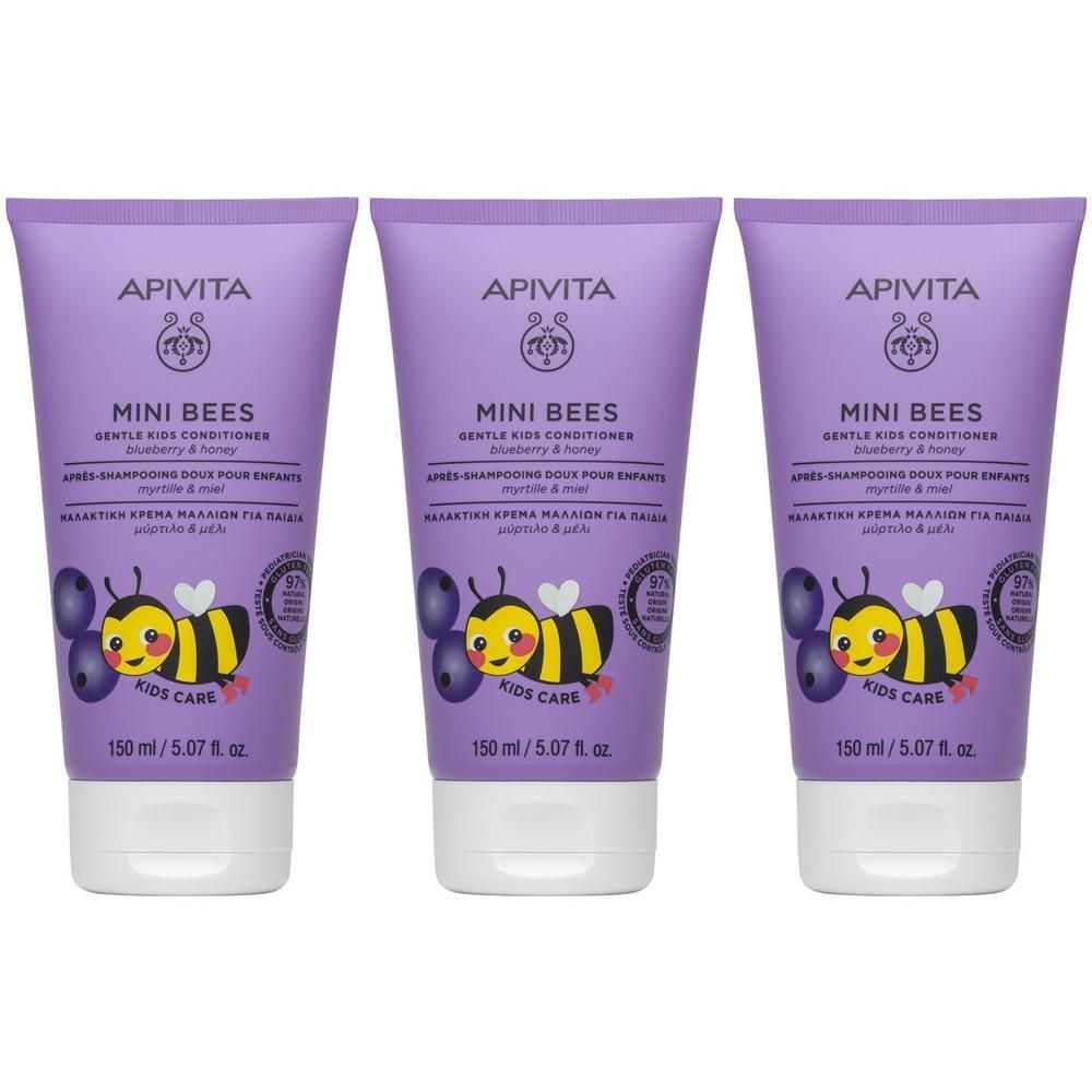 Trois tubes violets Apivita Mini Bees Après-shampoing pour enfants, design abeille et myrtille.