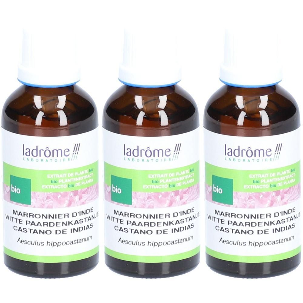 Drie flessen Ladrôme Marronnier d'Inde Extract, bruin glas, witte dop, bio-keurmerk.