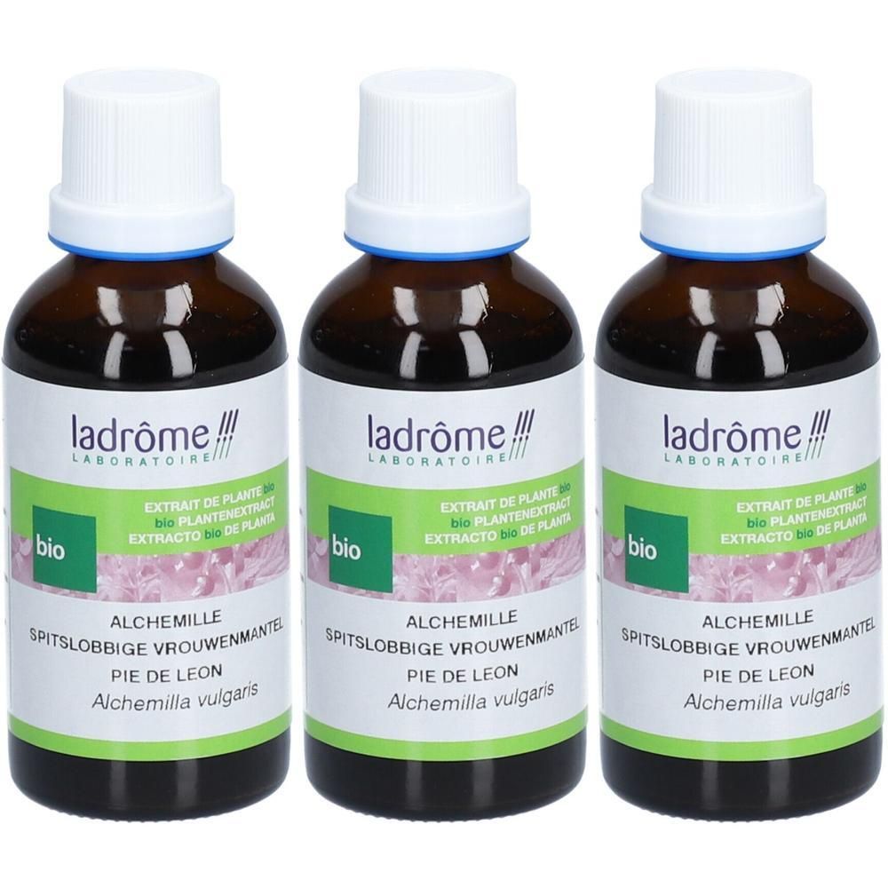 Drie flesjes Ladrôme Alchémille Plantenextract. Bruine glazen flesjes met witte doppen en groene etiketten.