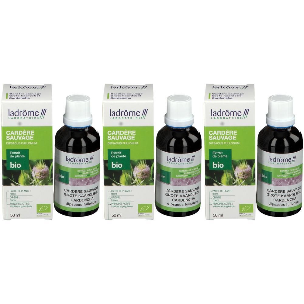 Quatre flacons Ladrôme Extrait de Plante Bio Cardère Sauvage, 50ml chacun.