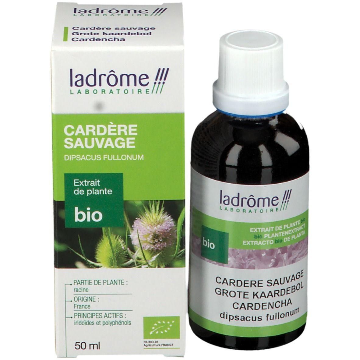 Ladrôme Wilde Kaardebol Bio Plantenextract in donkere glazen fles met doosje.