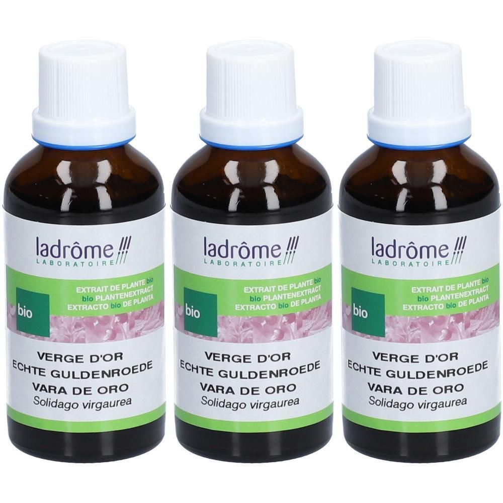 Drie flesjes Ladrôme Verge d'Or plantenextract. Bruine glazen flesjes met witte dopjes.