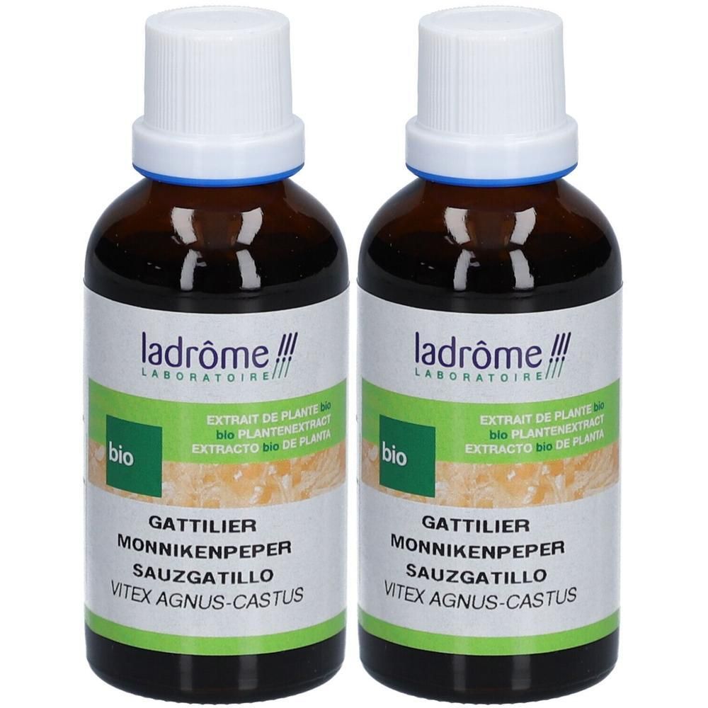 Deux flacons d'extrait bio de Gattilier Ladrôme. Flacons en verre brun avec bouchons et étiquettes blancs.