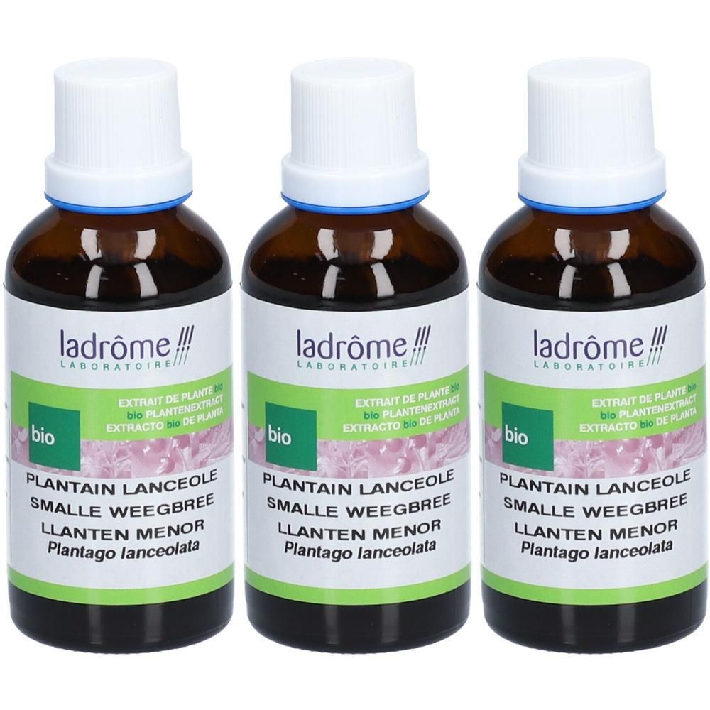 Drie flesjes Ladrôme Weegbree Extract. Bruine glazen flesjes met witte doppen en etiketten.