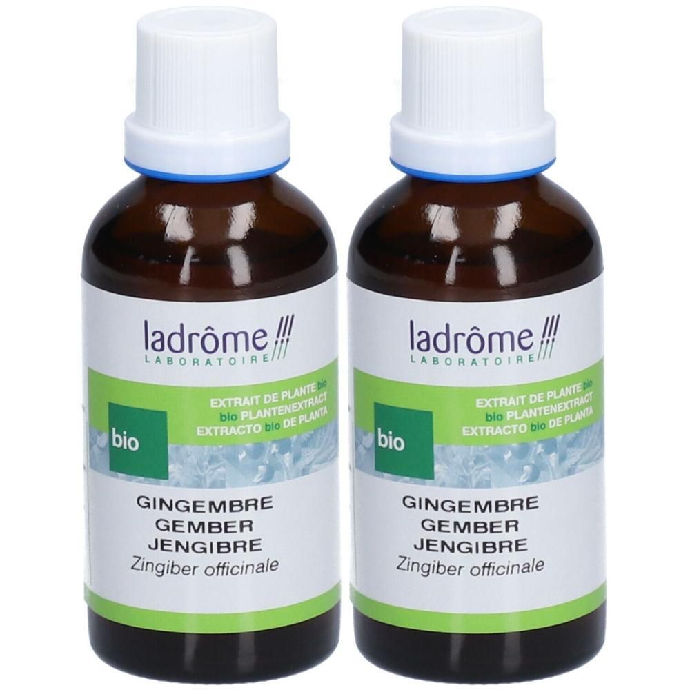 Deux flacons d'extrait de plante de gingembre Ladrôme, certifié bio.