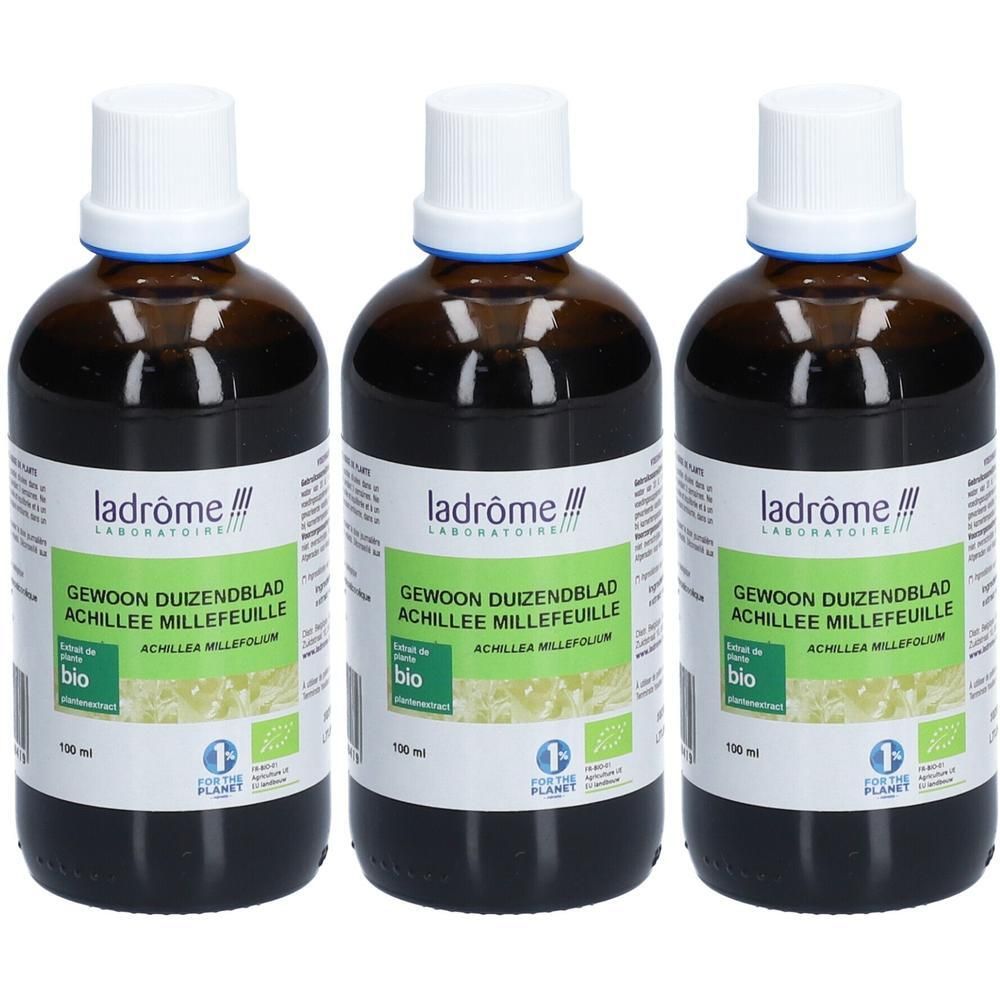 Drie flessen Ladrôme Gewoon Duizendblad Extract Végétal, 100 ml.