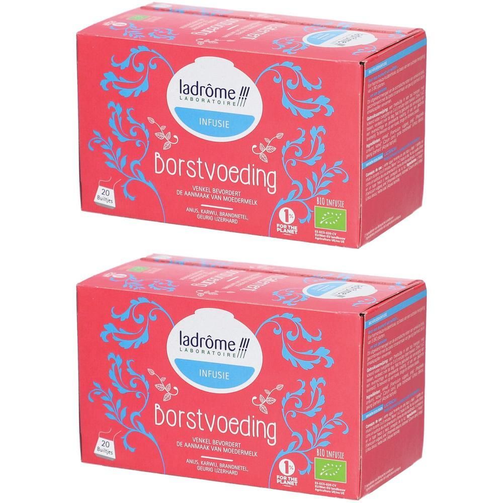 Deux boîtes de tisane d'allaitement bio Ladrôme, 20 sachets par boîte. Design rouge avec ornements bleus.