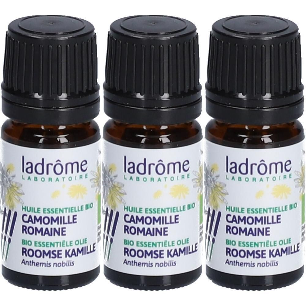 Drie flesjes Ladrôme biologische etherische olie Roomse Kamille.