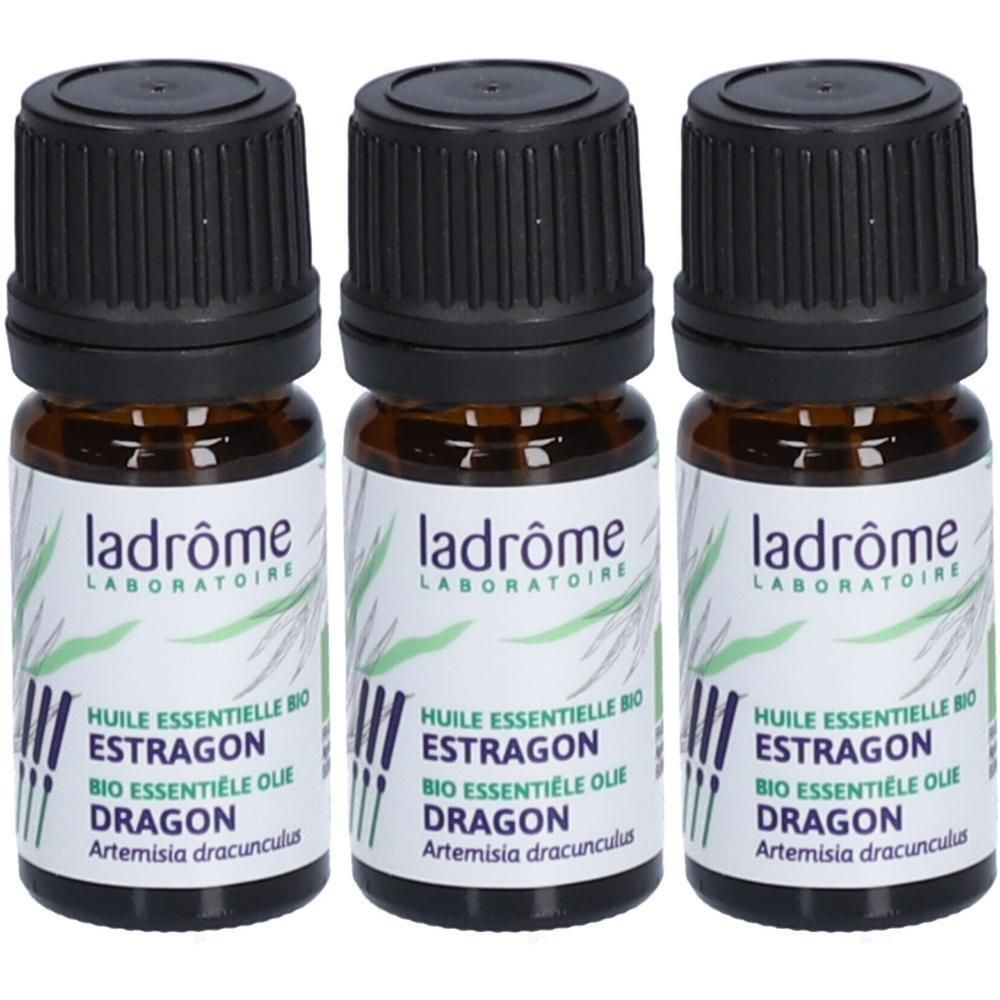 Trois flacons d'huile essentielle bio d'estragon Ladrôme.
