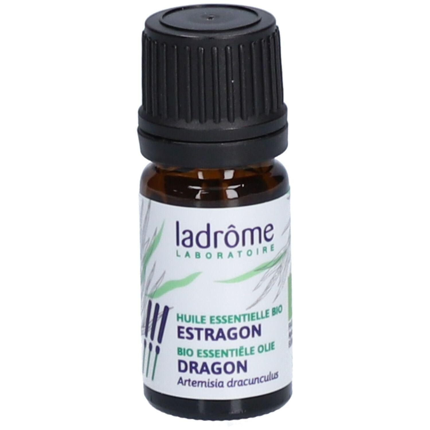 Ladrôme Huile Essentielle Bio Estragon flacon avec bouchon noir et étiquette.