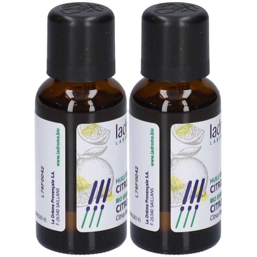 Deux flacons d'huile essentielle de citron bio avec bouchons noirs et étiquettes illustrant des citrons.
