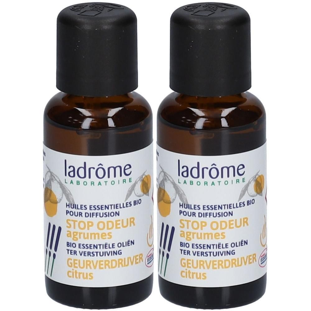 Twee flesjes Ladrôme biologische etherische oliën voor verspreiding, geur citrus.