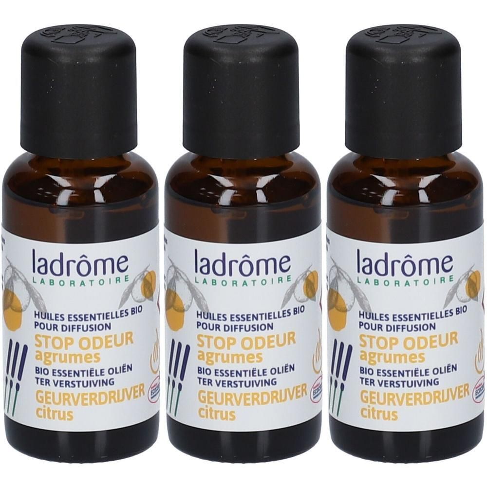 Trois flacons Ladrôme Stop Odeur Agrumes Huiles Essentielles Bio pour Diffusion. Parfum agrume.