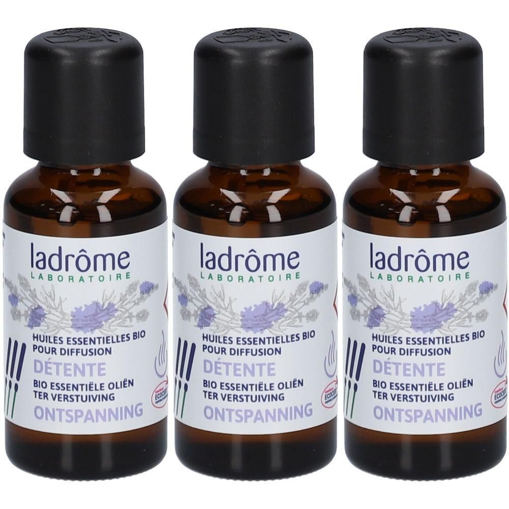 Drie flesjes Ladrôme biologische etherische oliën voor diffusie, soort Ontspanning.