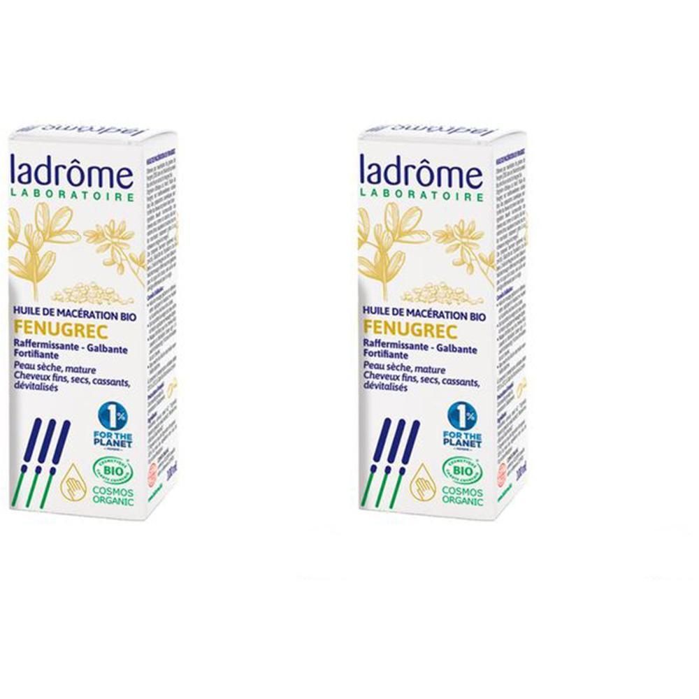 Deux boîtes de macérât de fenugrec bio Ladrôme. Illustrées de plantes et de logos.
