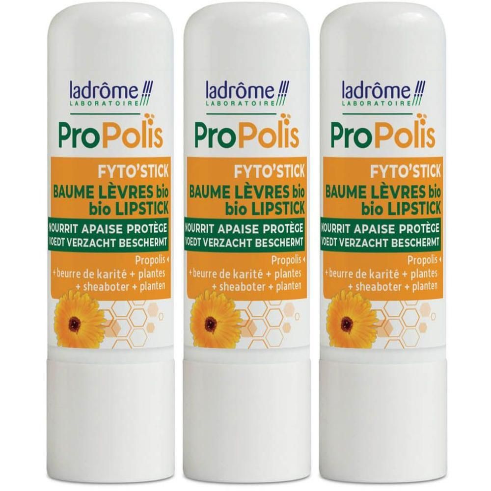 Drie Ladrôme ProPolis Fyto-sticks lippenbalsem bio. Met goudsbloem en propolis.