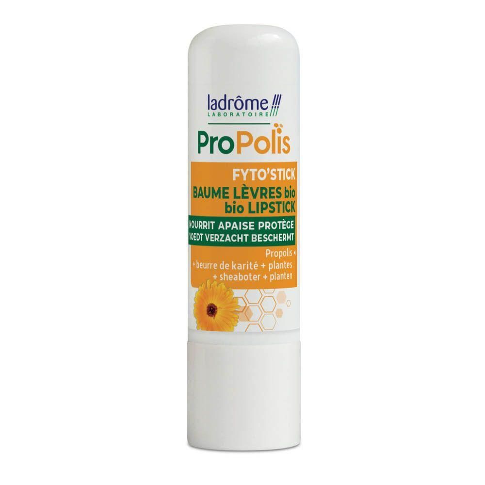 Ladrôme Propolis Fyto'stick Baume à lèvres bio. Contient de la propolis, du beurre de karité et des extraits de plantes.