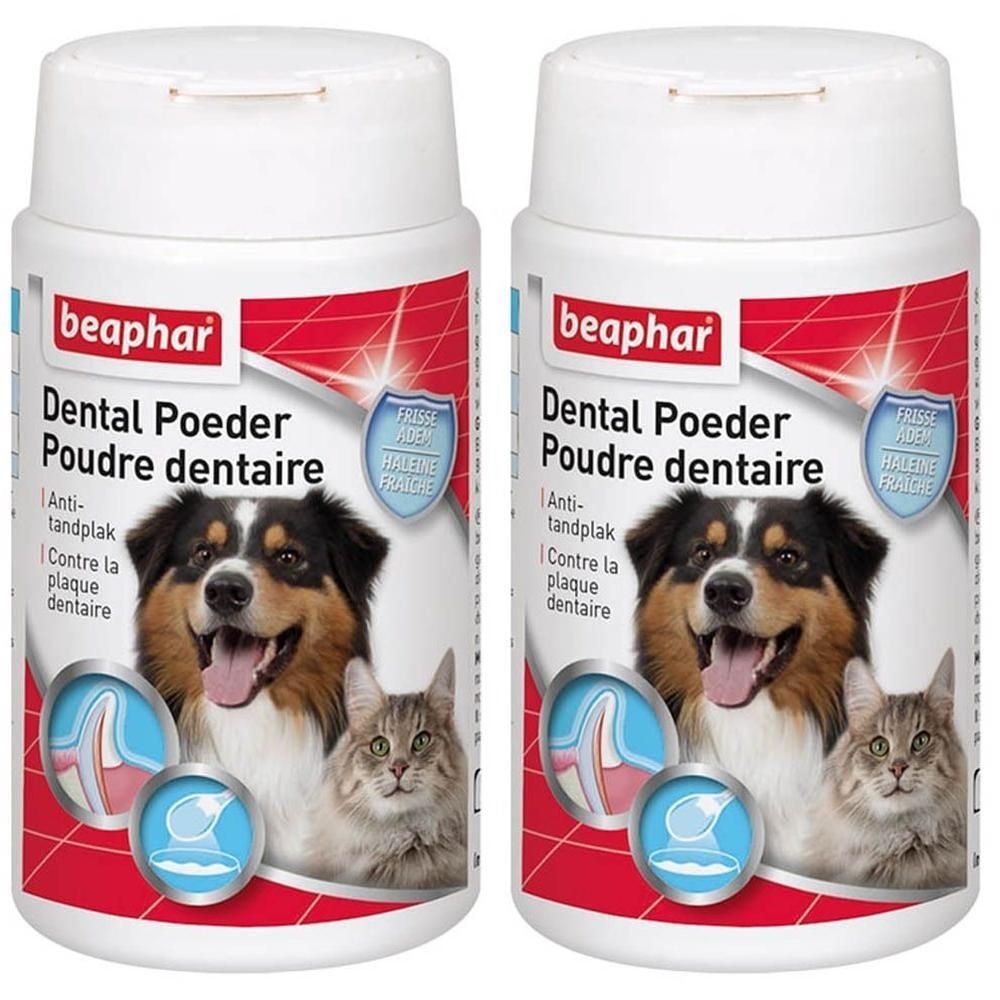 Twee Beaphar Dental Poeder potten met hond en kat op het etiket.