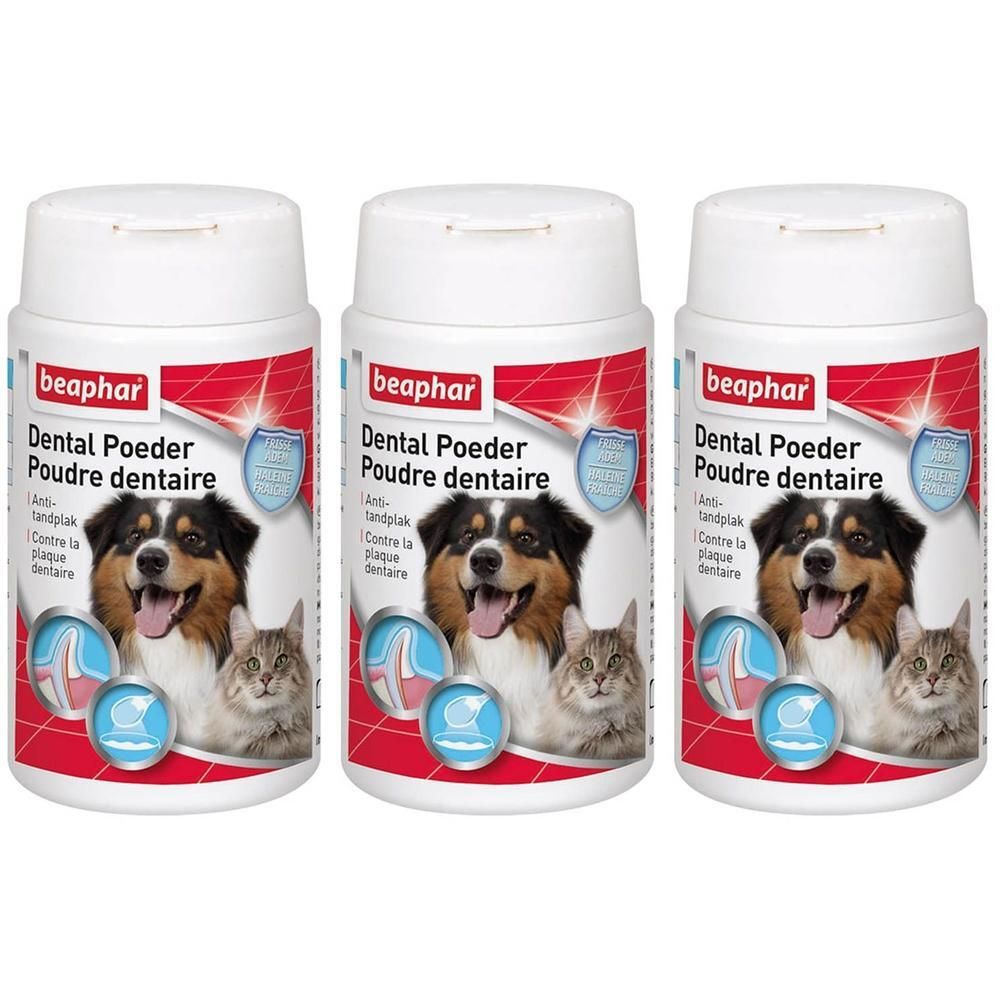Trois pots de Beaphar Poudre Dentaire avec images de chien et chat.