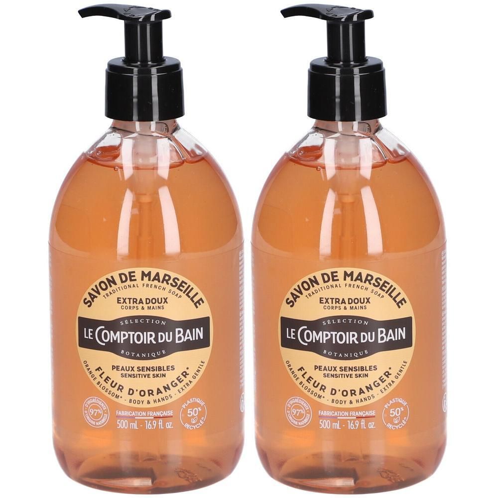 Twee flessen vloeibare Marseillezeep met oranjebloesemgeur, 500 ml.
