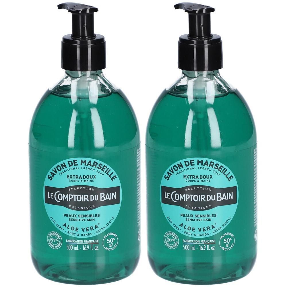 Twee flessen Le Comptoir du Bain vloeibare zeep met aloë vera, elk 500 ml.